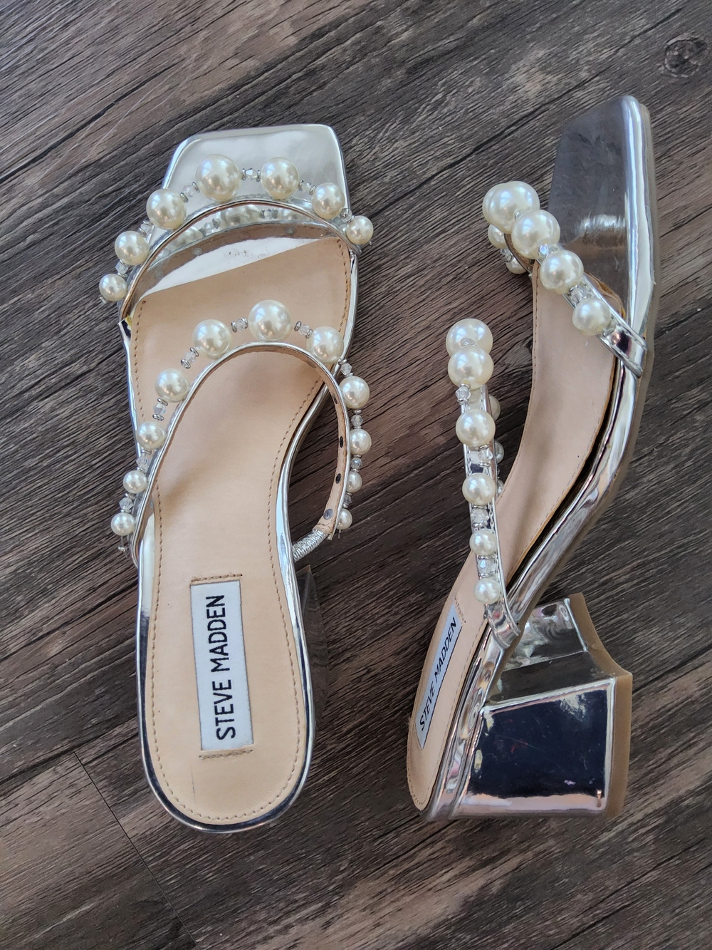 Steve Madden Silver Pearl-Embellished Block Heel Sagira Sandals